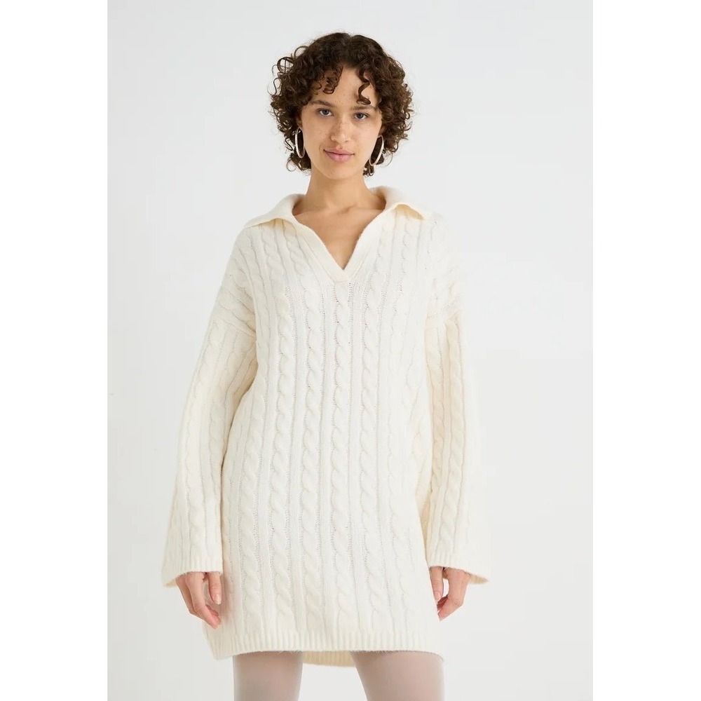 Abercrombie & Fitch Notch Neck Mini Jumper Dress Jet Stream Cable Knit Cream LT